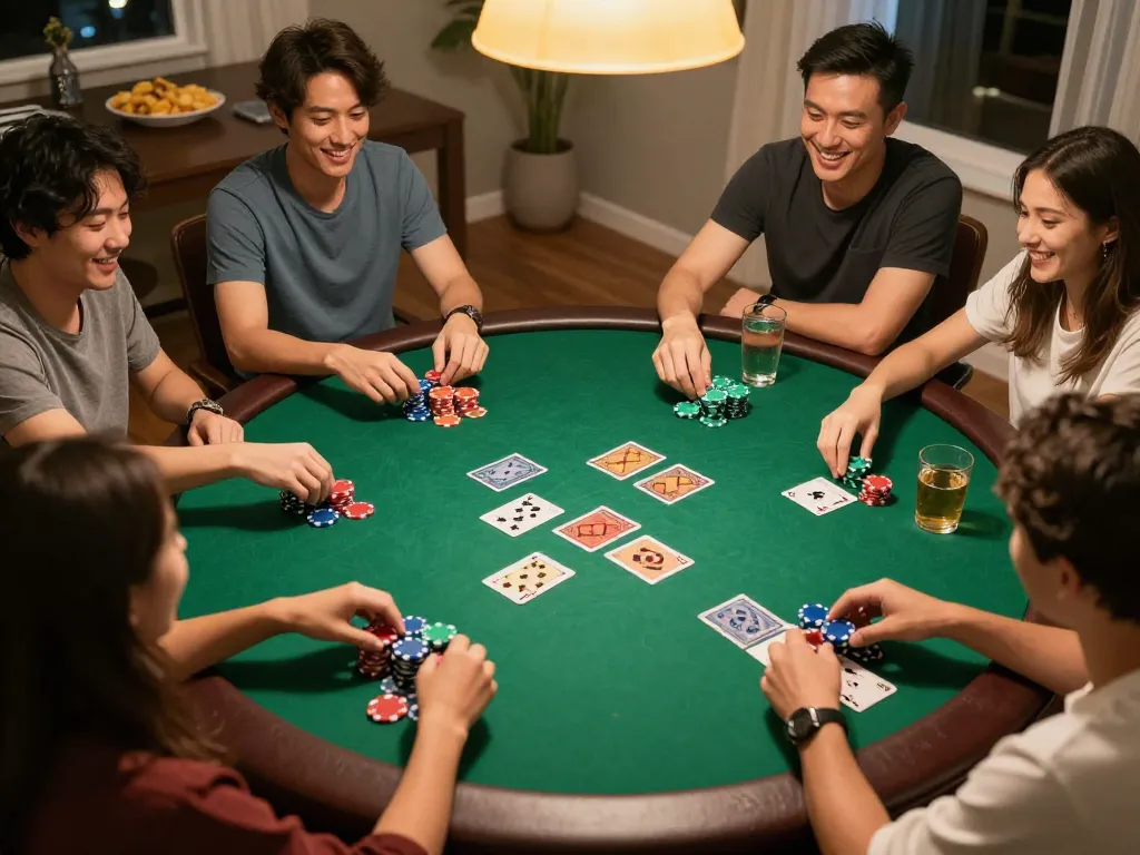 Friends enjoy a vibrant poker night at home with vmax strategies for a winning game.