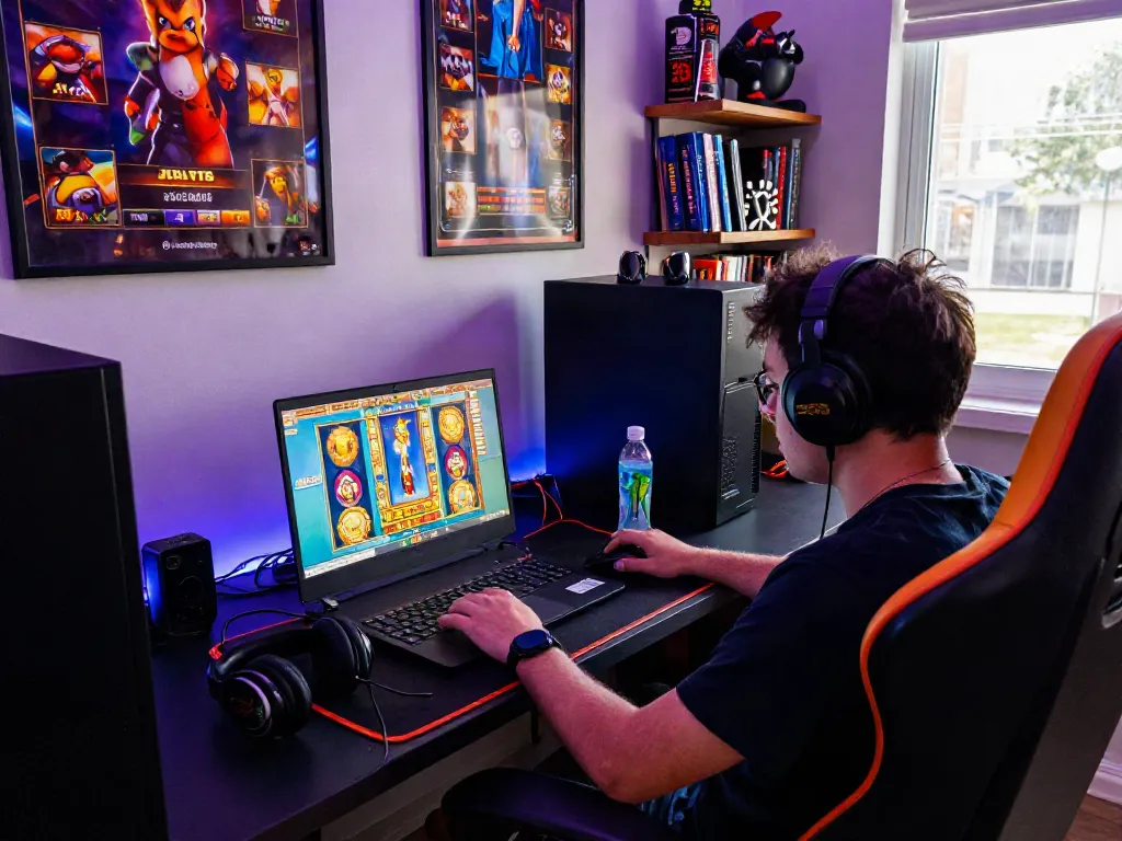 Menampilkan pemain menggunakan laptop untuk bermain slot zeus dengan perangkat gaming modern