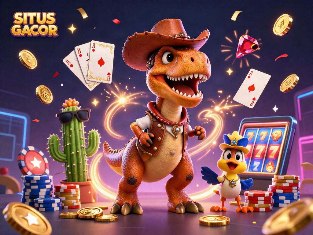 Experience the thrill of SITUS GACOR with lively casino characters, dazzling coins, and vibrant game symbols.
