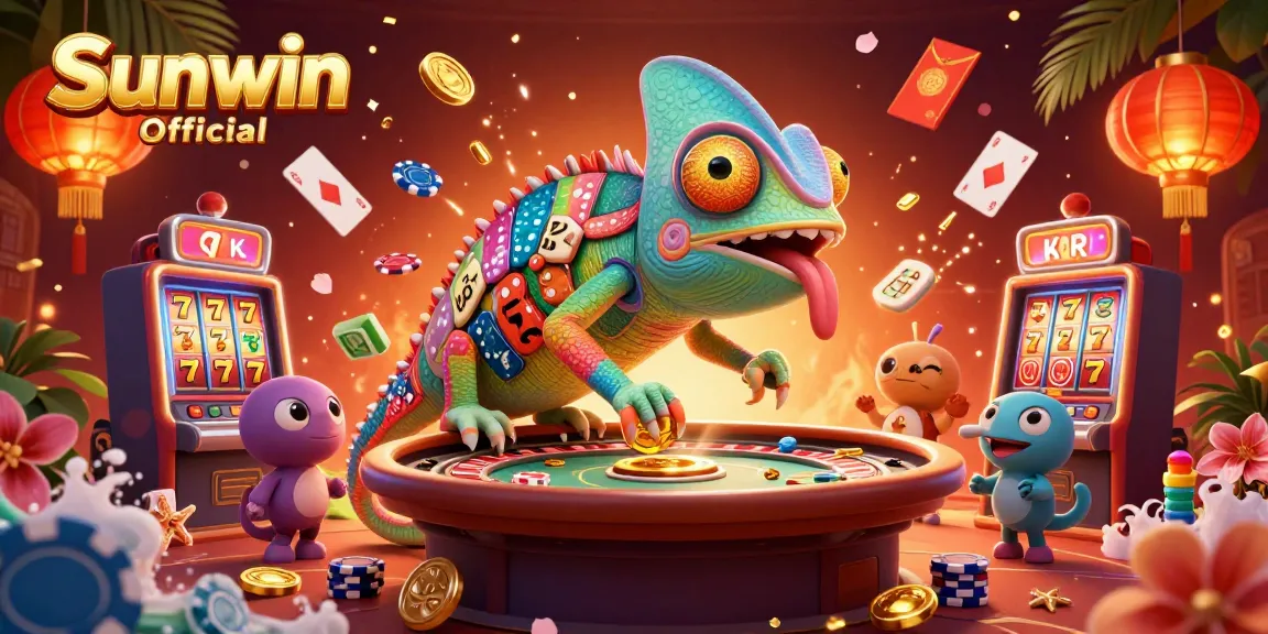 Engage with Sunwin Official through this vibrant 3D casino illustration featuring a dynamic chameleon owner.
