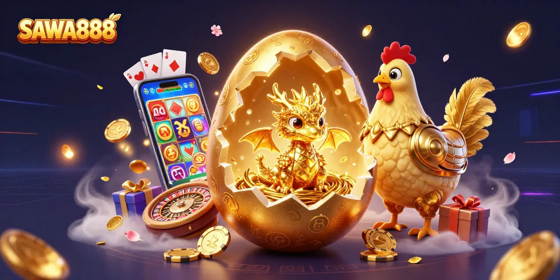 SAWA888 brings thrilling gold-themed slots with a dragon and golden poker chips.
