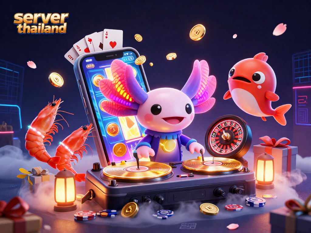 Experience server thailand casino action with a vibrant 3D axolotl DJ and lively underwater characters.