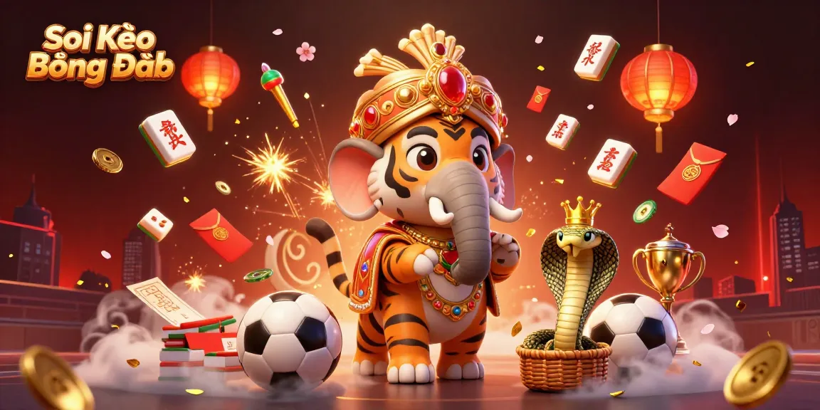 Soi Kèo Bóng Đá sports betting scene featuring a tiger riding an elephant amidst festive elements.