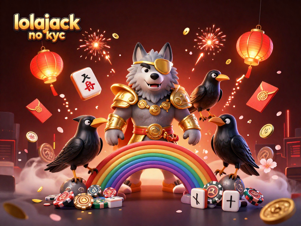 Engage with lolajack no kyc showcasing a mythical wolf and ravens surrounded by casino symbols.