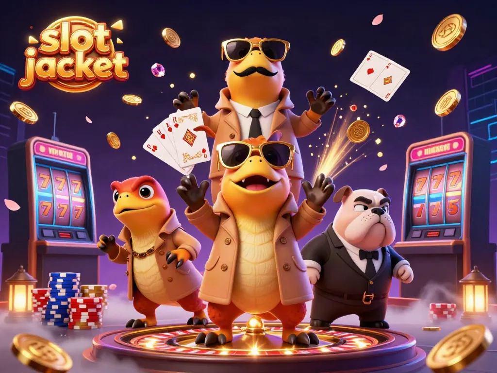 Experience the thrill of slot jackpot games with whimsical raptors in a casino scene filled with coins and gems.