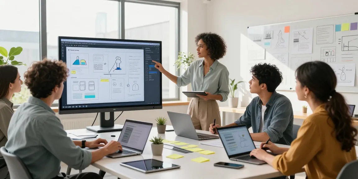 Diverse professionals collaborating in a modern workspace using the mixboard tool to brainstorm creative ideas with laptops, notes, and visuals.