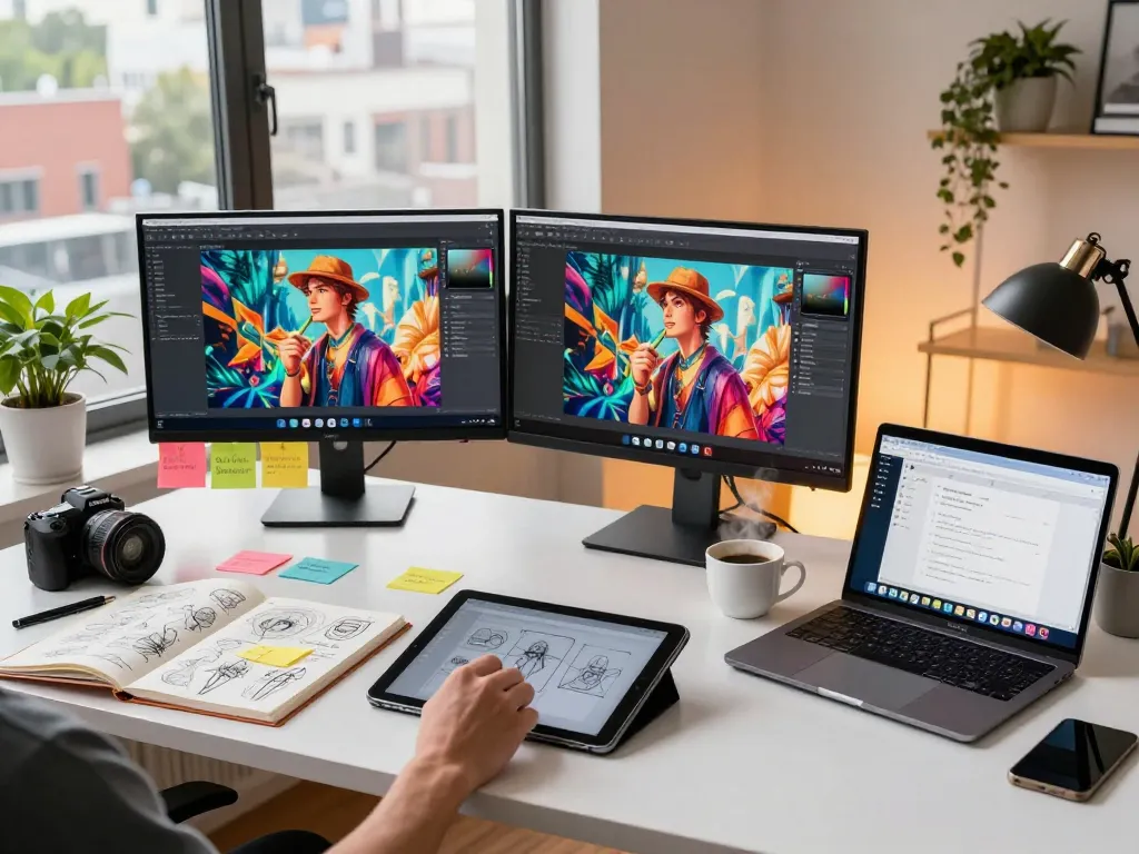 Dynamic workspace depicting a digital artist using nano banana pro tools, vibrant AI images visible on monitors.