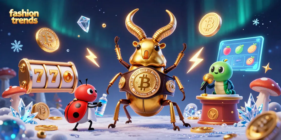 Experience fashion trends amidst a vibrant casino scene with cartoon characters, slots, and crypto elements.