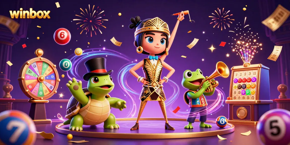 Winbox engages players with colorful lottery balls amidst vibrant casino characters in a festive atmosphere.