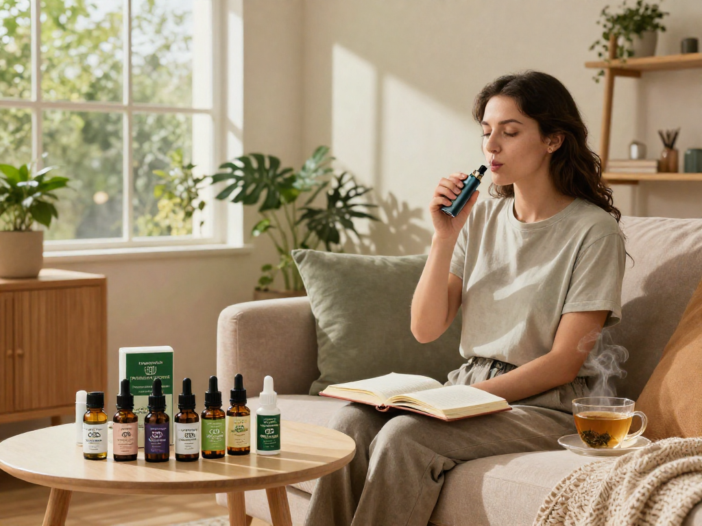 Enjoying a weed vape experience with natural CBD oil and herbal tea in a cozy setting.