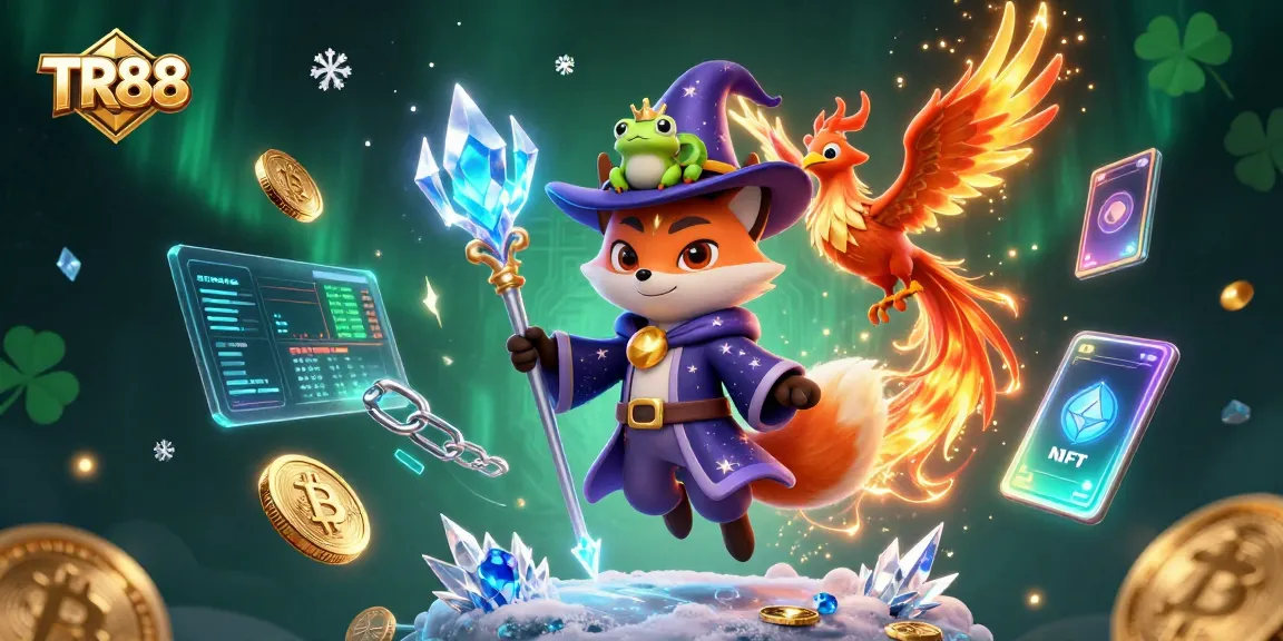 Engage with TR88's casino magic featuring a wizard fox, phoenix, and digital coins.
