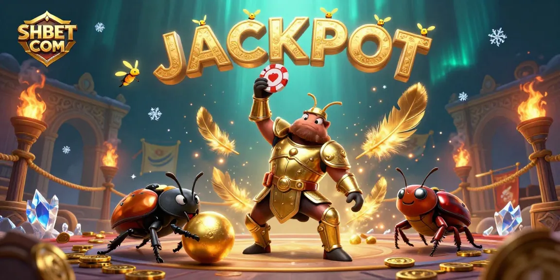 Engage in thrilling betting with SHBET COM: a heroic beetle represents victory in a vibrant casino scene.