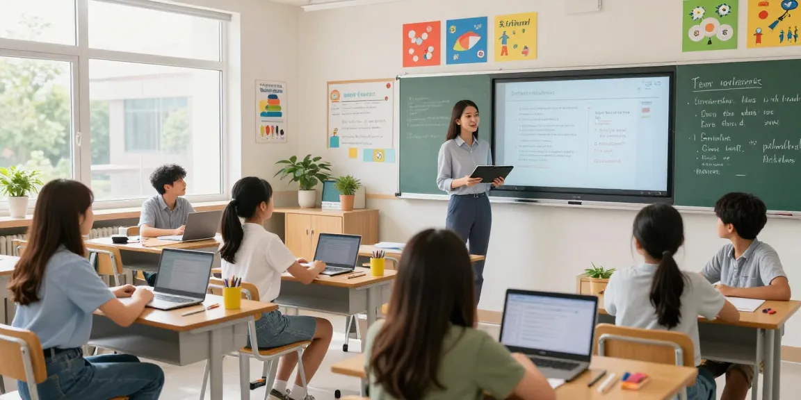Engaged teacher using an online teacher planner, EMStudio, in a vibrant classroom for effective lesson planning.