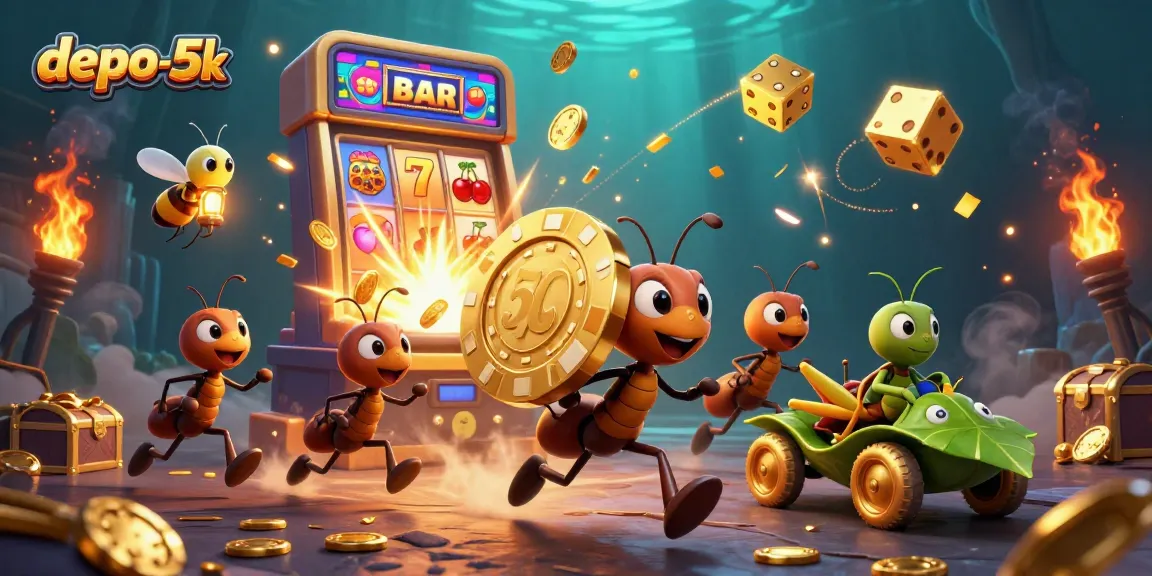 Exciting depo-5k slot experience with playful ants and a golden poker chip adventure.