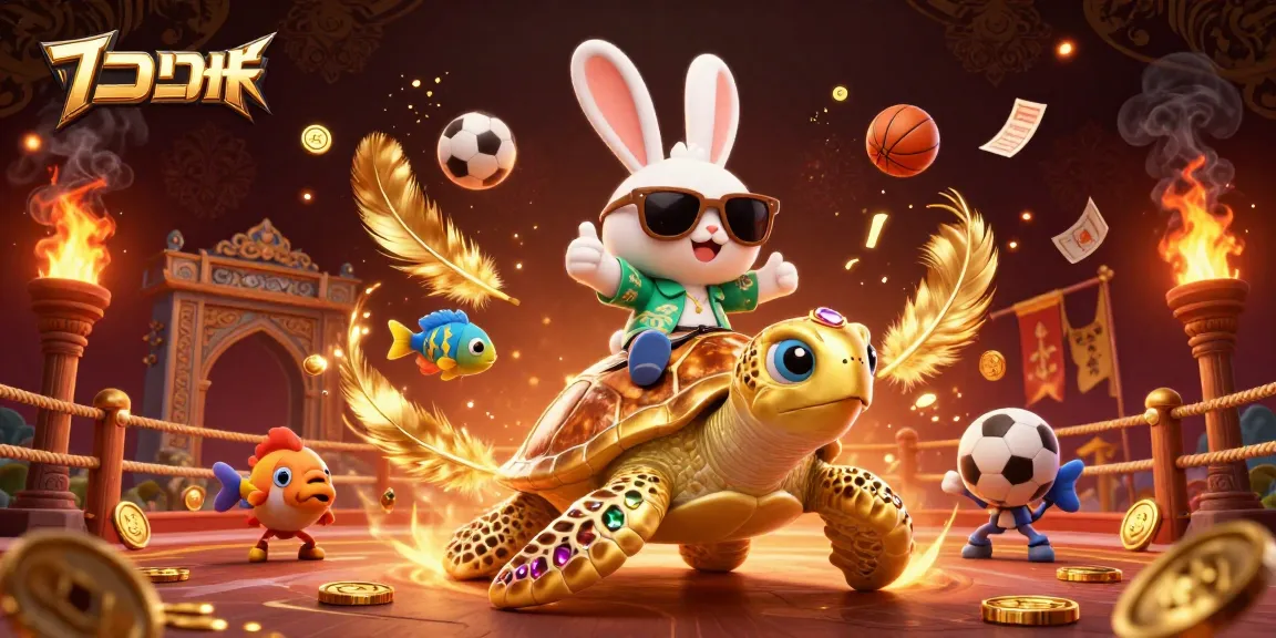 Bet on แทงบอล with lively sports-themed illustration featuring a lucky rabbit and golden turtle.