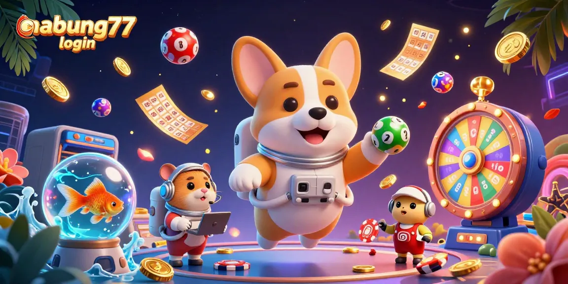 Engaging scene of nabung77 login with astronaut corgi and casino elements promoting online gaming excitement