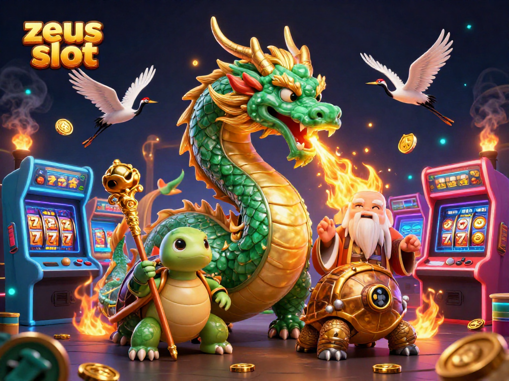 Engage with zeus slot as the jade dragon roars amidst dynamic 3D game scenes and golden coins.