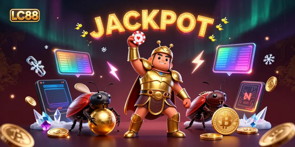 Experience the excitement of LC88 with a golden victorious beetle and dazzling casino elements.