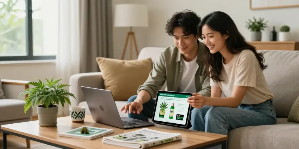 Young couple browsing the uk online dispensary at home, showcasing cannabis products on devices with a cozy atmosphere.