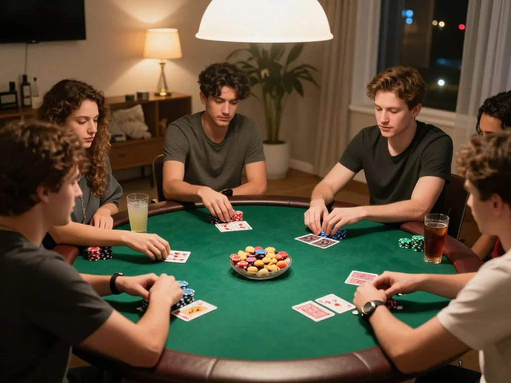 Pemain menikmati malam poker di rumah yang meriah, menampilkan permainan strategis dan kebersamaan, terhubung ke lugaresdemexico.