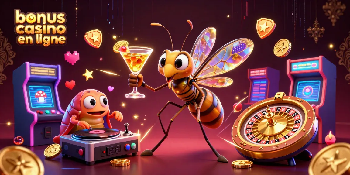 Jouer au bonus casino en ligne avec une illustration 3D captivante d'un moustique mascotte et d'un DJ trilobite.