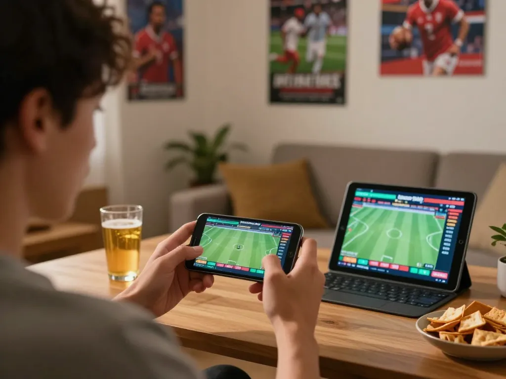 Engaged player betting on sports with 888NEW, enjoying a lively home setup in 2026