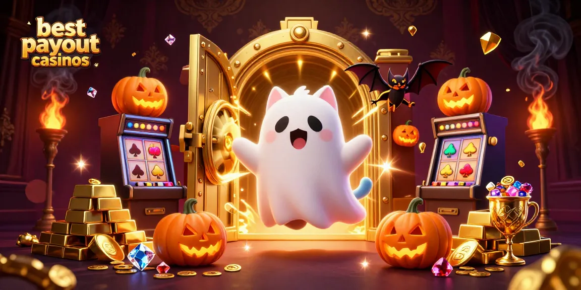 Engage with the best payout casinos featuring a ghost cat and vampire bat in a vibrant casino scene.