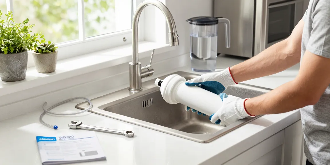AQUACREST AP5527 Reverse Osmosis Pre and Post Water Filter Cartridge installation in a modern kitchen with bright decor and DIY tools.