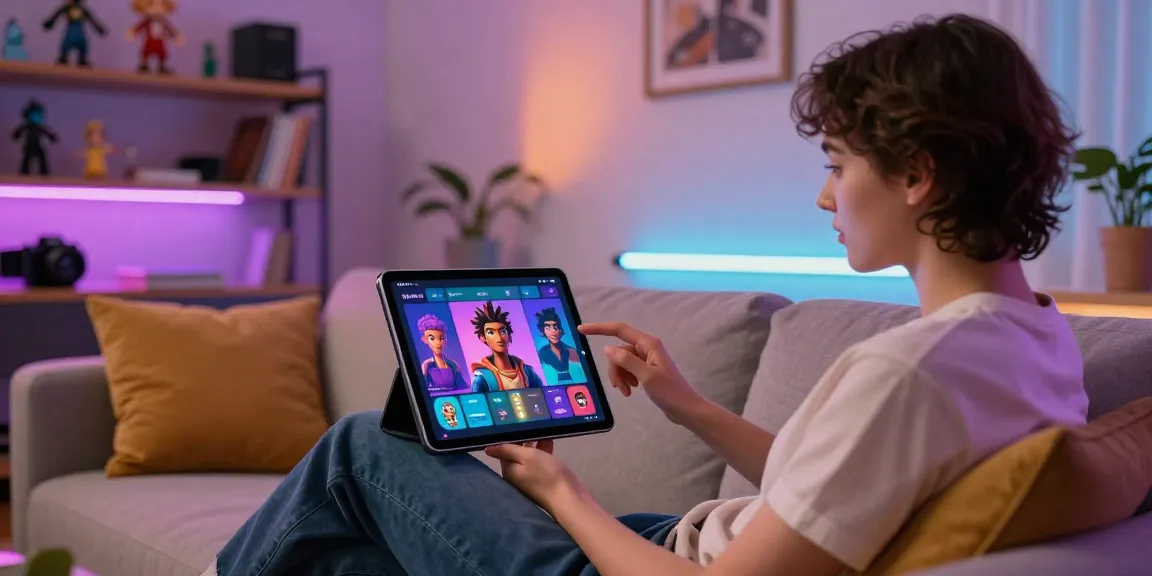 User engaging in NSFW AI chat experience on stylish couch with interactive digital character.