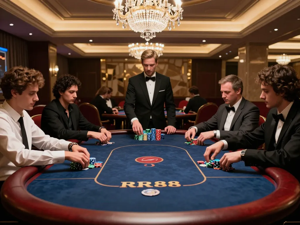 Engaged players strategizing at RR88 poker table in luxury casino atmosphere.
