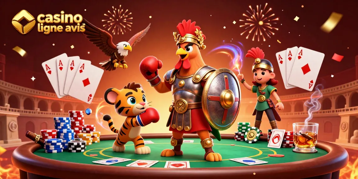 Vivez une action palpitante dans une scène colorée mettant en avant des avis de casino en ligne avec des éléments de poker et des détails festifs.