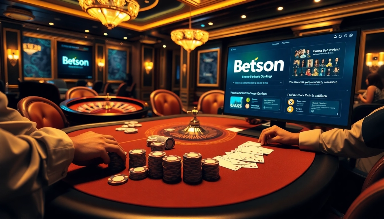Betsson engaging poker players in a luxurious casino scene with poker chips and cards.