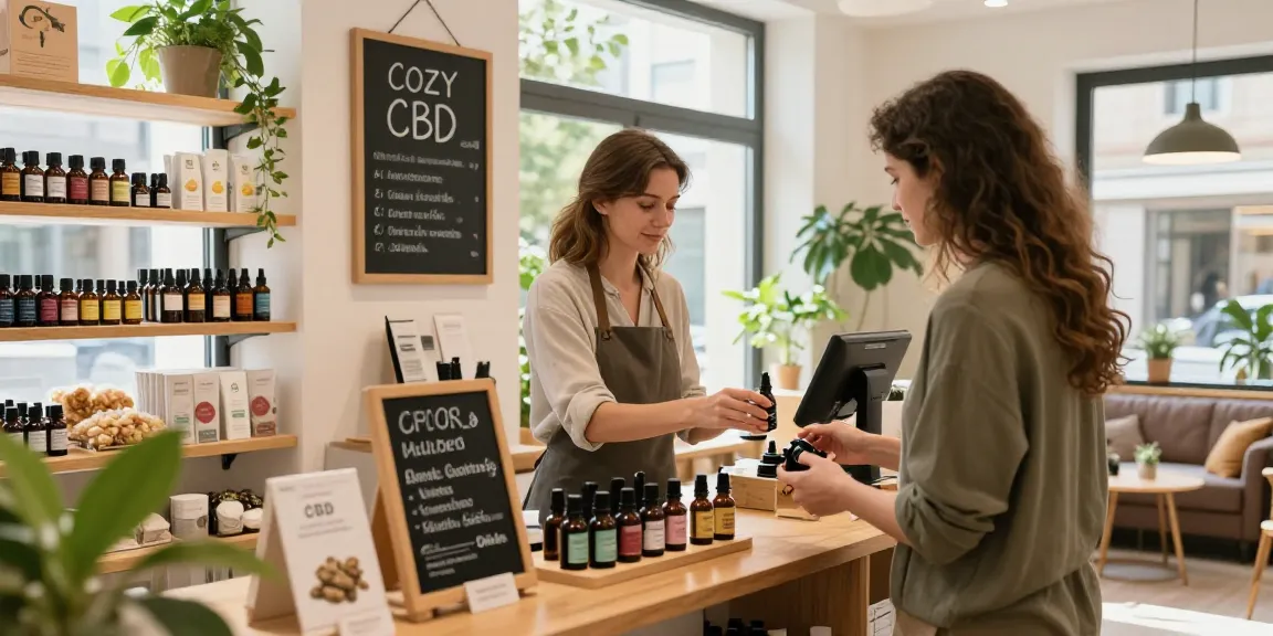 CBD shop München with staff assisting customer in selecting quality products and natural light.