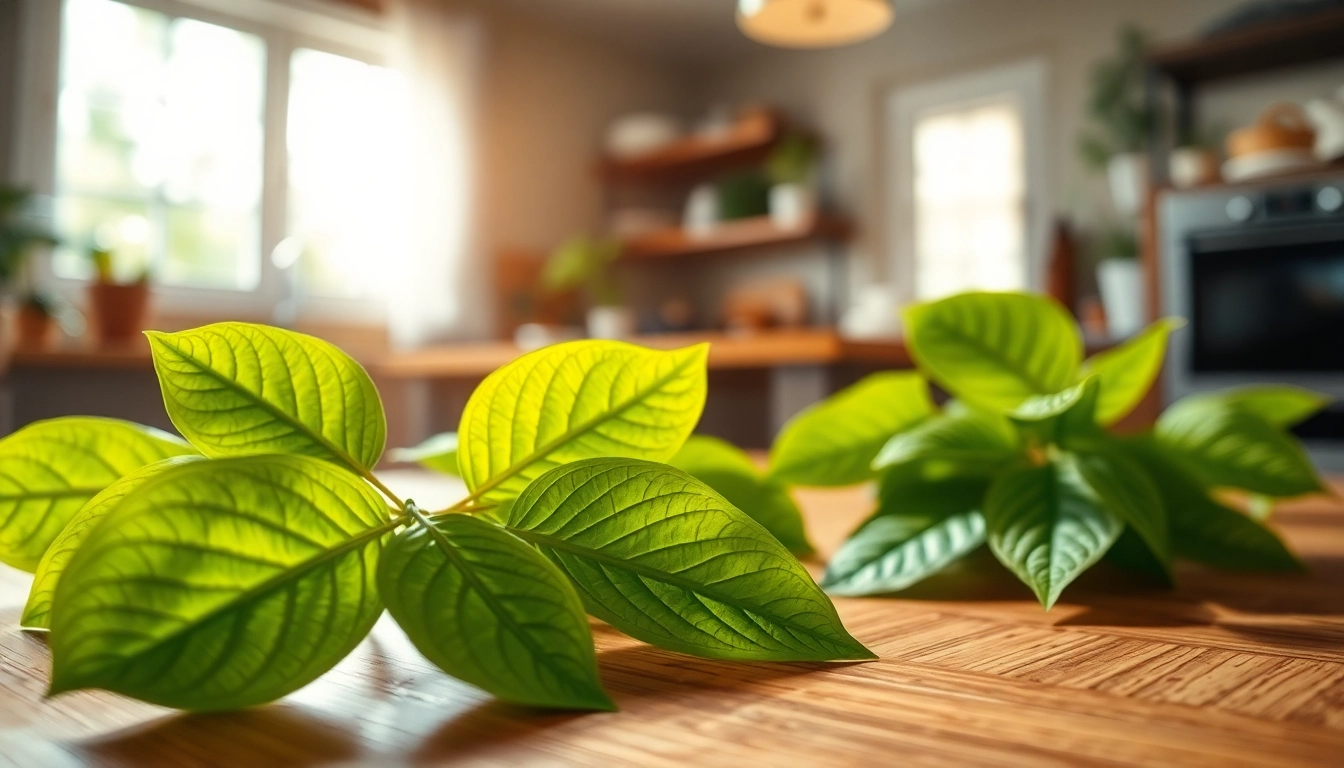 Kratom leaves arranged artistically, showcasing vibrant green colors and intricate details.