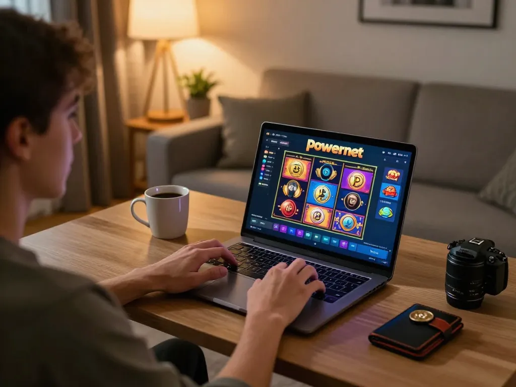 Engaged player spinning the reels on powernet slot in a cozy online gaming setup