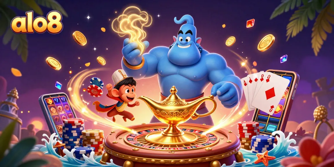 Experience the magic of alo8 online gambling with a vibrant 3D illustration featuring a genie, monkey, and casino elements.