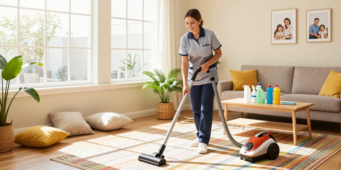 Happy cleaner working in a cozy living room, read more here how to choose the best services.