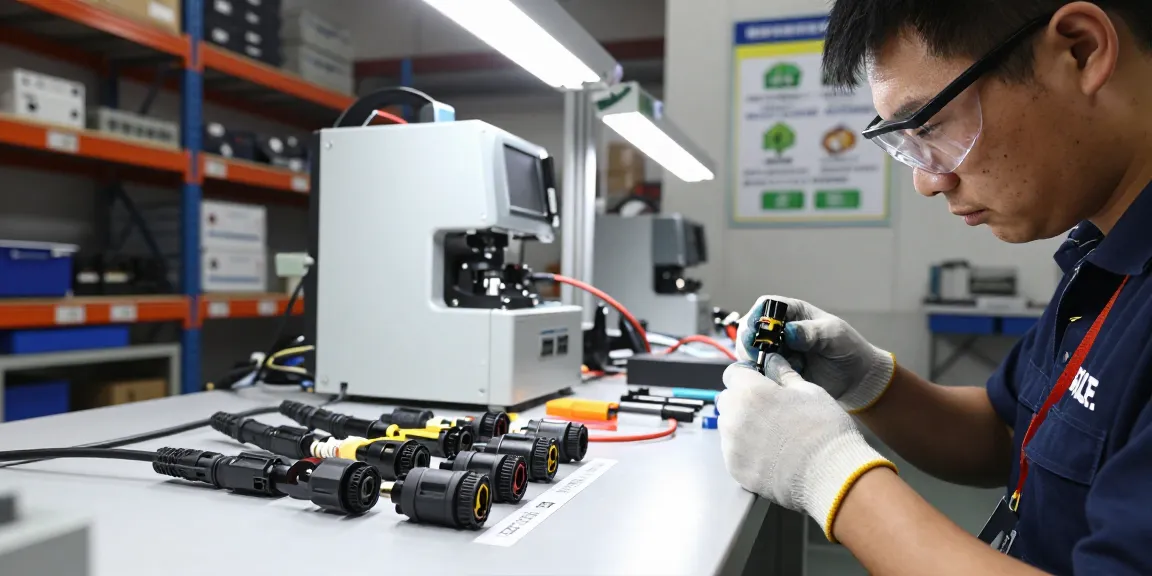 Automotive electrical connector manufacturers at work in a precision assembly workshop.