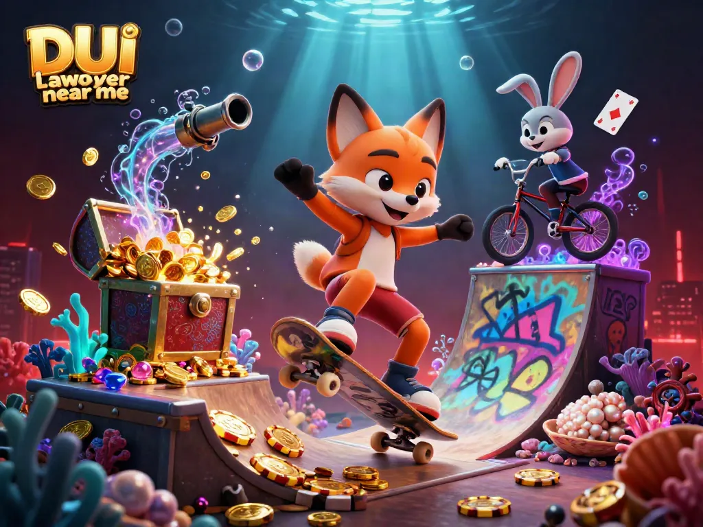 Experience thrilling gameplay with a DUI lawyer near me, in a vibrant casino scene of a skateboarder fox and BMX rabbit.
