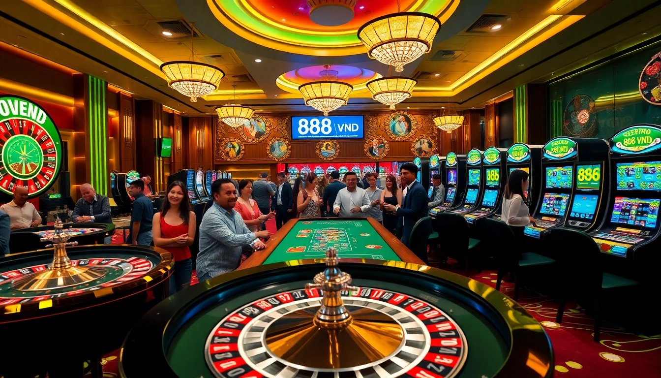 Players enjoying an exciting gaming experience at 888VND casino with vibrant slot machines and roulette.