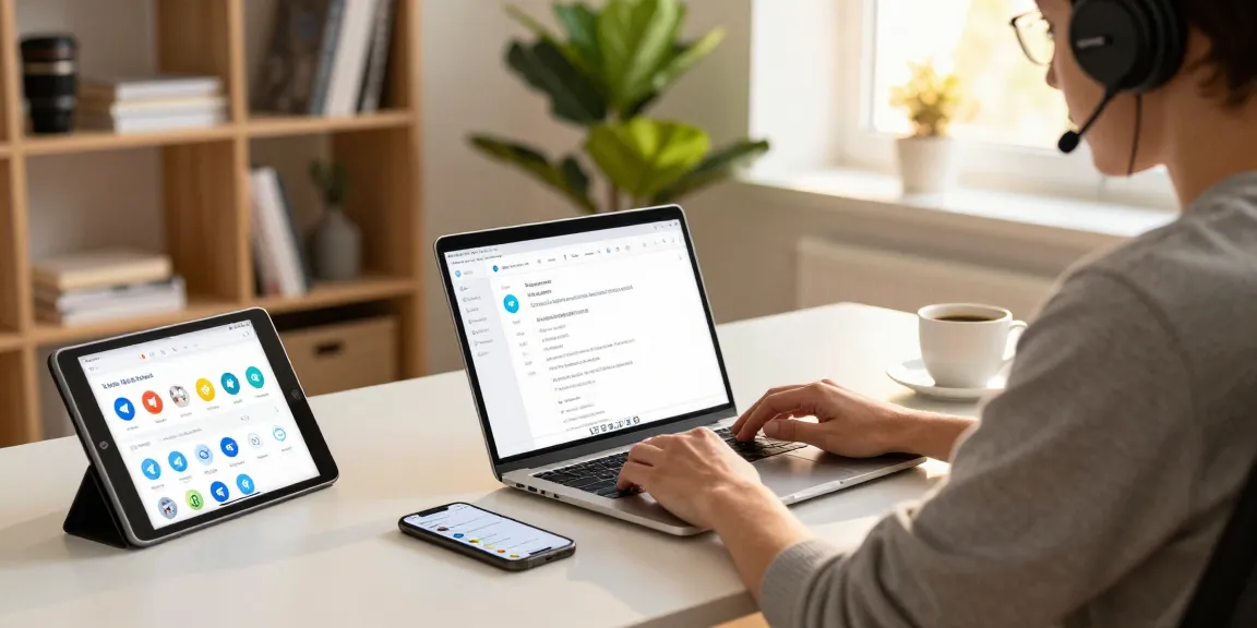 Person interacting with the Telegram Web Version on a laptop in a modern home office, showcasing productivity and technology.