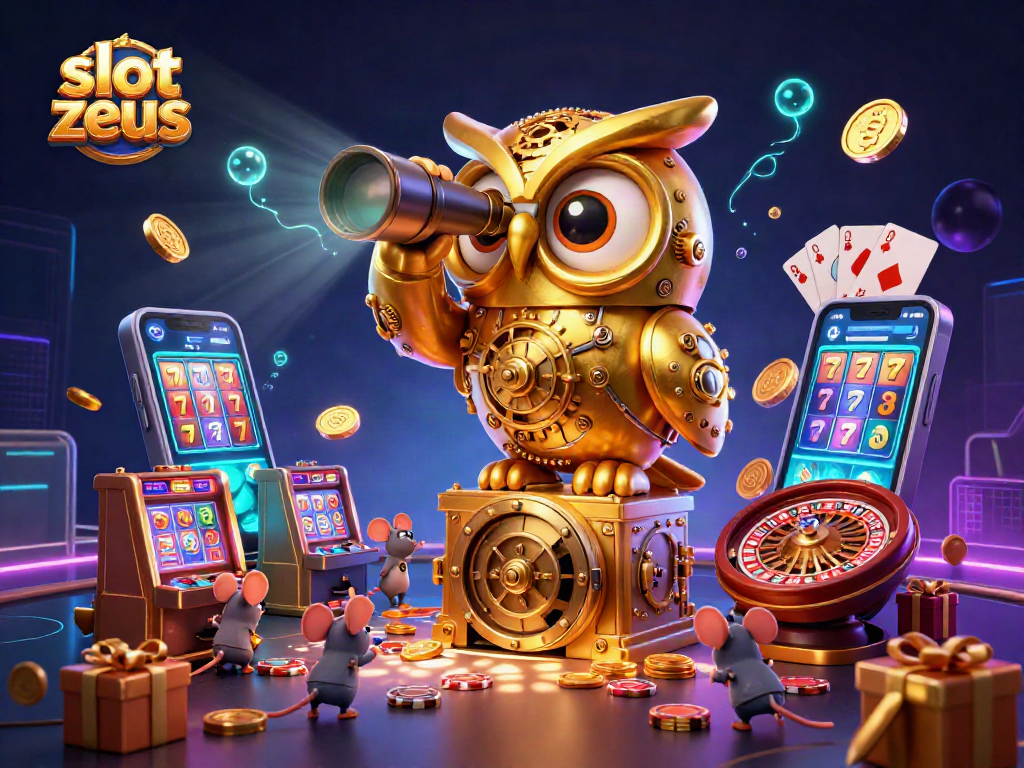 Engage with slot zeus as the captivating clockwork owl surveys the lively casino scene