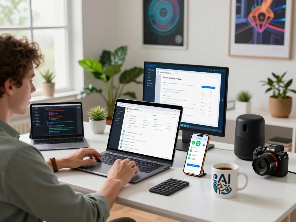 OpenClaw assistant in a tech-savvy home office, user managing tasks across multiple devices.