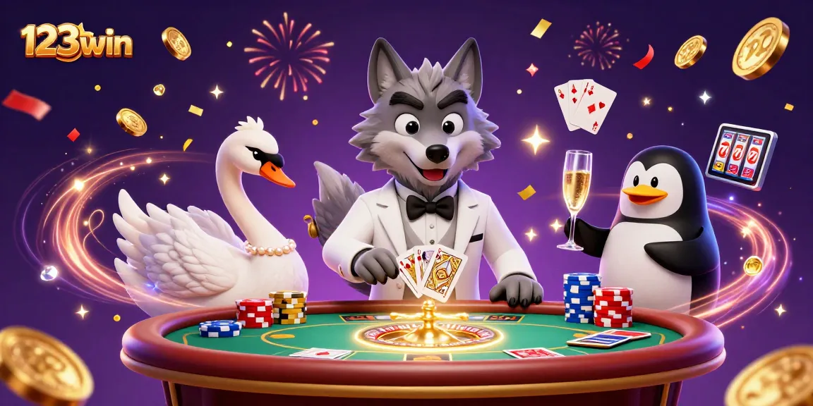 Experience 123win's vibrant online casino with a debonair wolf, elegant swan, and sophisticated penguin.