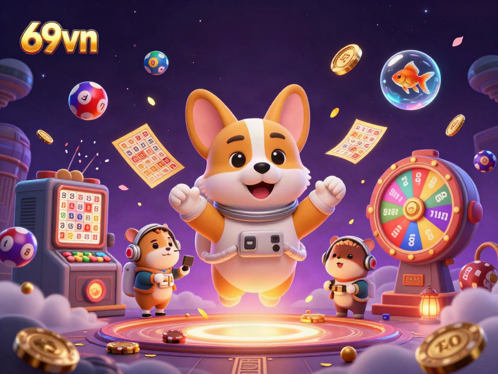 Engage in thrilling gaming adventures at 69vn with dynamic elements like lottery balls and vibrant casino visuals.