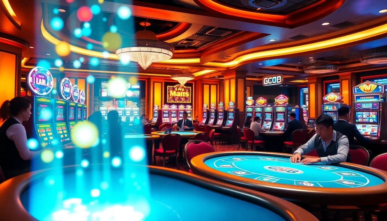 Gamblers enjoy high-energy games at the GO8 casino hall with vibrant slot machines and poker tables.