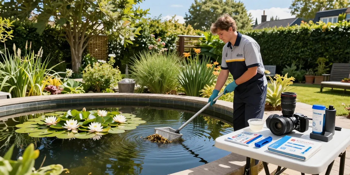 Pond Cleaning London service in action, professional cleaner removing debris from a serene garden pond surrounded by lush greenery.