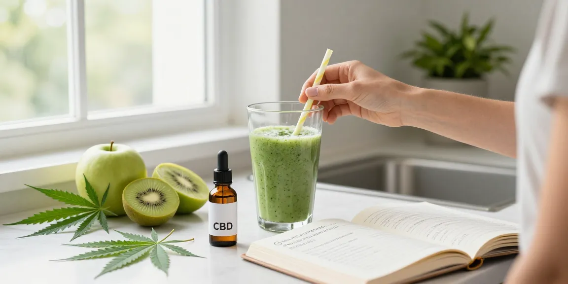 Cali weed UK users preparing a health smoothie with organic CBD oil and fresh ingredients in a bright kitchen.
