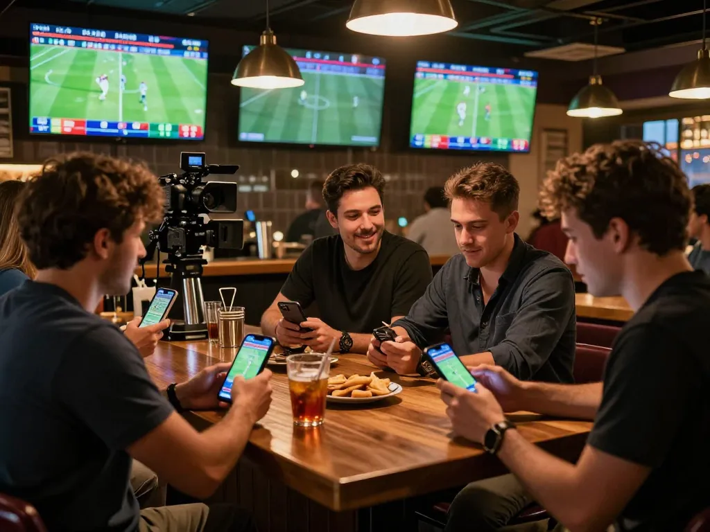 Patrons engaging in sports betting with smartphones, showcasing tỷ lệ bóng đá nhà cái and live matches in a vibrant bar atmosphere.