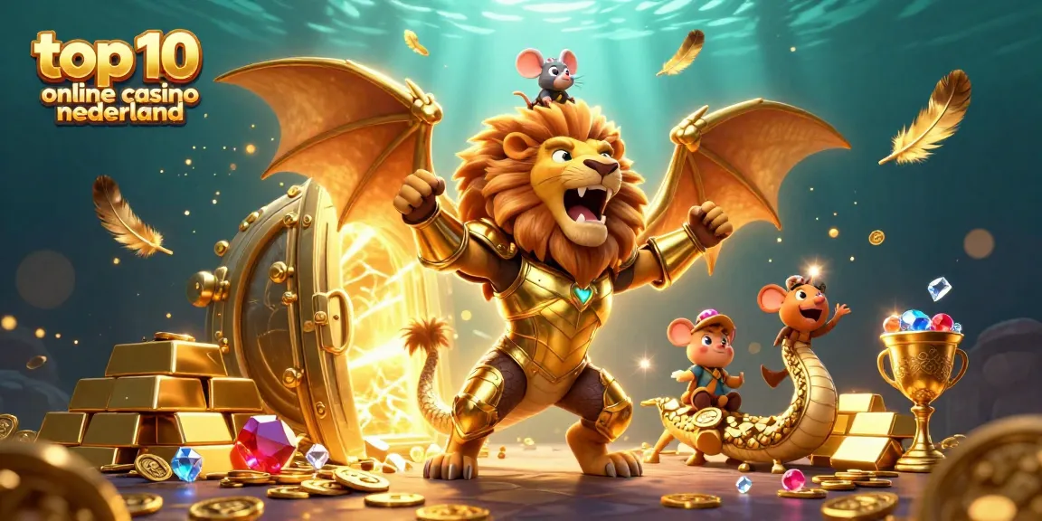 Engage with the top 10 online casino nederland illustrated by a chimera in golden armor amidst treasure.